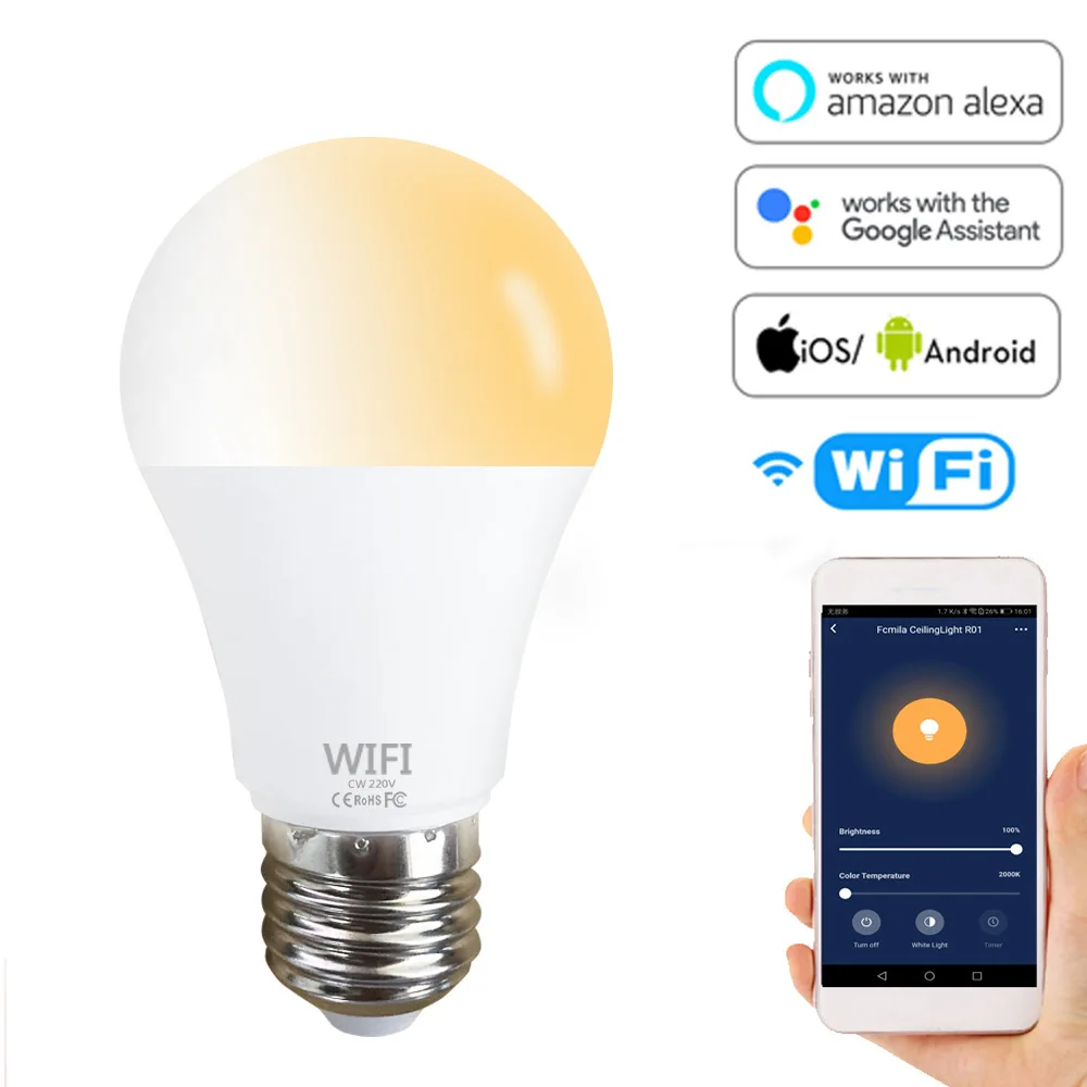 

Wifi Smart Bulb Alexa Voice Control Dual Tone Light A19 Color Wifi E27 B22 E26 Led 220v Lampy Living Room Lights 220 Volt Chip
