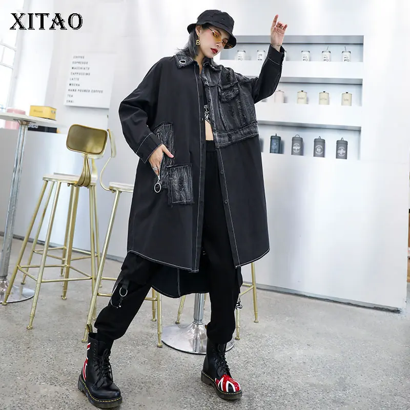 

XITAO Irregular Black Trench Women Clothes 2019 Pocket Single Breast Turn Down Collar Elegant Casual Style Long Coat GCC2051