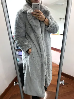 gray Зимнее женское длинное пальто с искусственным кроличьим мехом, Свободное пальто с отворотом, плотное теплое пальто больших размеров, женский роскошный плюш, куртки, парка - Цвет: gray