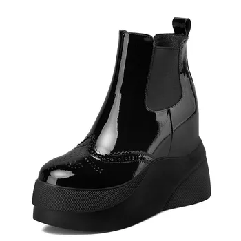 

Women High Platform Patent Leather Handmade Boots Ladies Slip On Fretwork Shoes Height Increasing Feminine Ankle Footwear