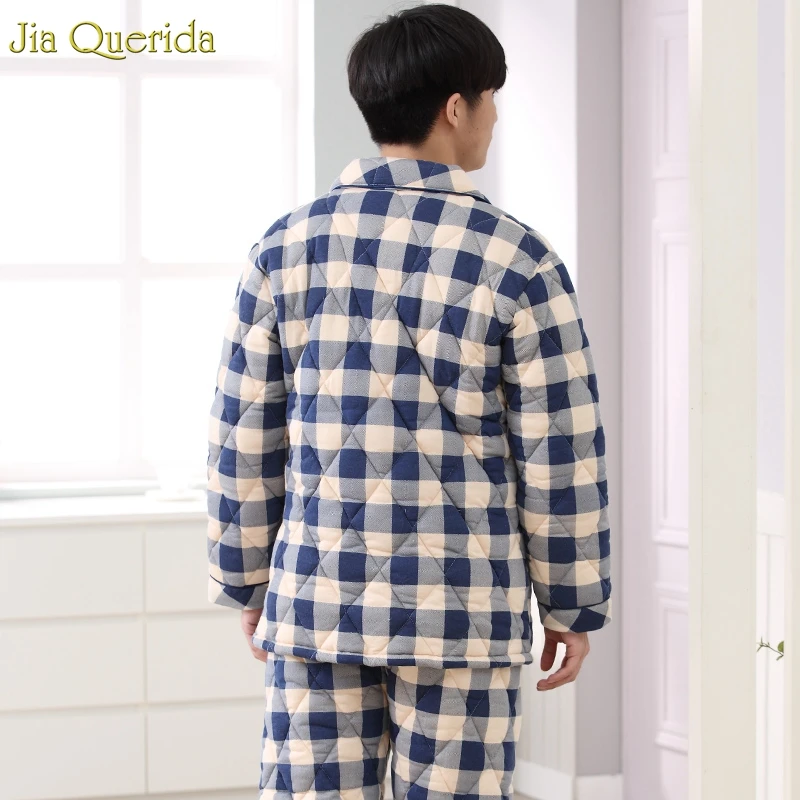 Плюс Размеры Для мужчин одежда для сна зимняя хлопковая Ночная одежда толстый жилет 3 Слои мягкий досуг мужской спальный Костюмы плед печати домашние костюмы в Корейском стиле