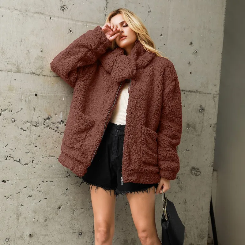 Fashion Trend Faux Fur Solid Color Women's Coat Loose Casual Detachable Collar Pocket Decoration Coat