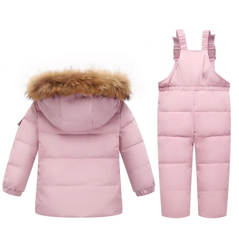 Комплект с натуральным мехом на утином пуху для маленьких девочек, детский зимний комбинезон, лыжный костюм для мальчиков, Зимний пуховик для мальчиков, штаны зимние комплекты одежды для детей