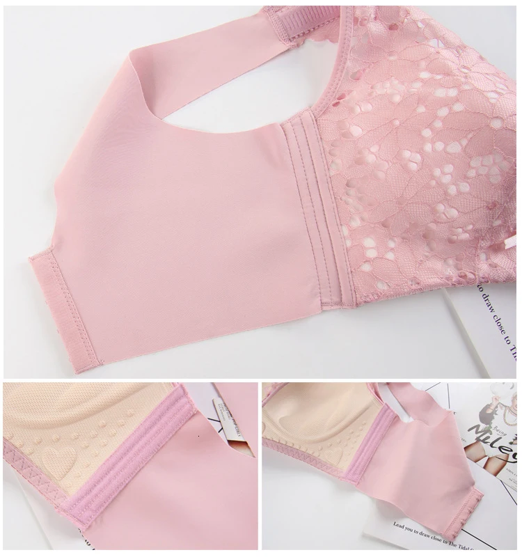Roseheart Women Fashion Pink Wireless Sexy Bras Push Up Wireless Lace Bow Padded Bra Lace Bras Bralette Female Underwear A B