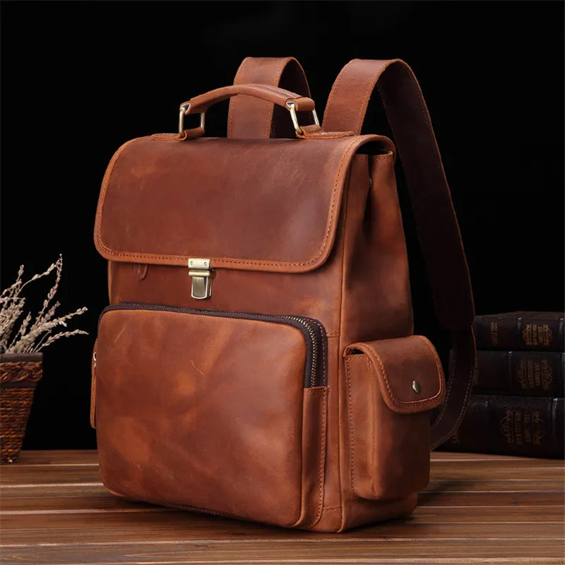 PNDME simple retro crazy horse cowhide men's backpacks high quality genuine leather anti theft bagpack travel laptop bookbags