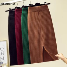 SEDUTMO Зимние трикотажные миди юбки-карандаш Женская юбка с высокой талией Повседневная Осенняя тонкая черная винтажная сексуальная юбка ED893