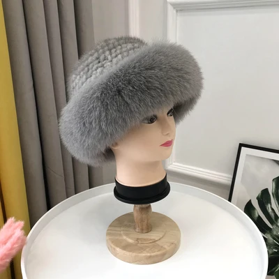 Настоящая меховая шапка зимняя для женщин Шапки натуральный мех норки с лисьим мехом шапка новая однотонная русская солнце Вязание Панамы - Цвет: Светло-серый