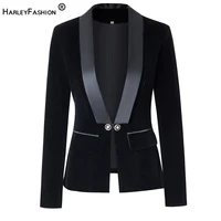 HarleyFashion Fall Spring Brief Design Single Buttons Top Quality Black/Blue Velvet Basic Slim Women Blazers Casual Jackets 1