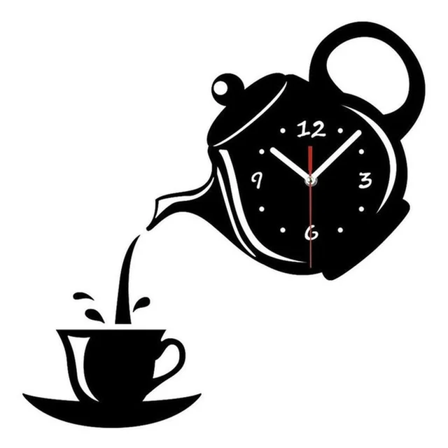 Creative Teapot Kettle Wall Clock 3D Acrylic Coffee Tea Cup Wall Clocks for Office Home Kitchen Dining Living Room Decorations 4
