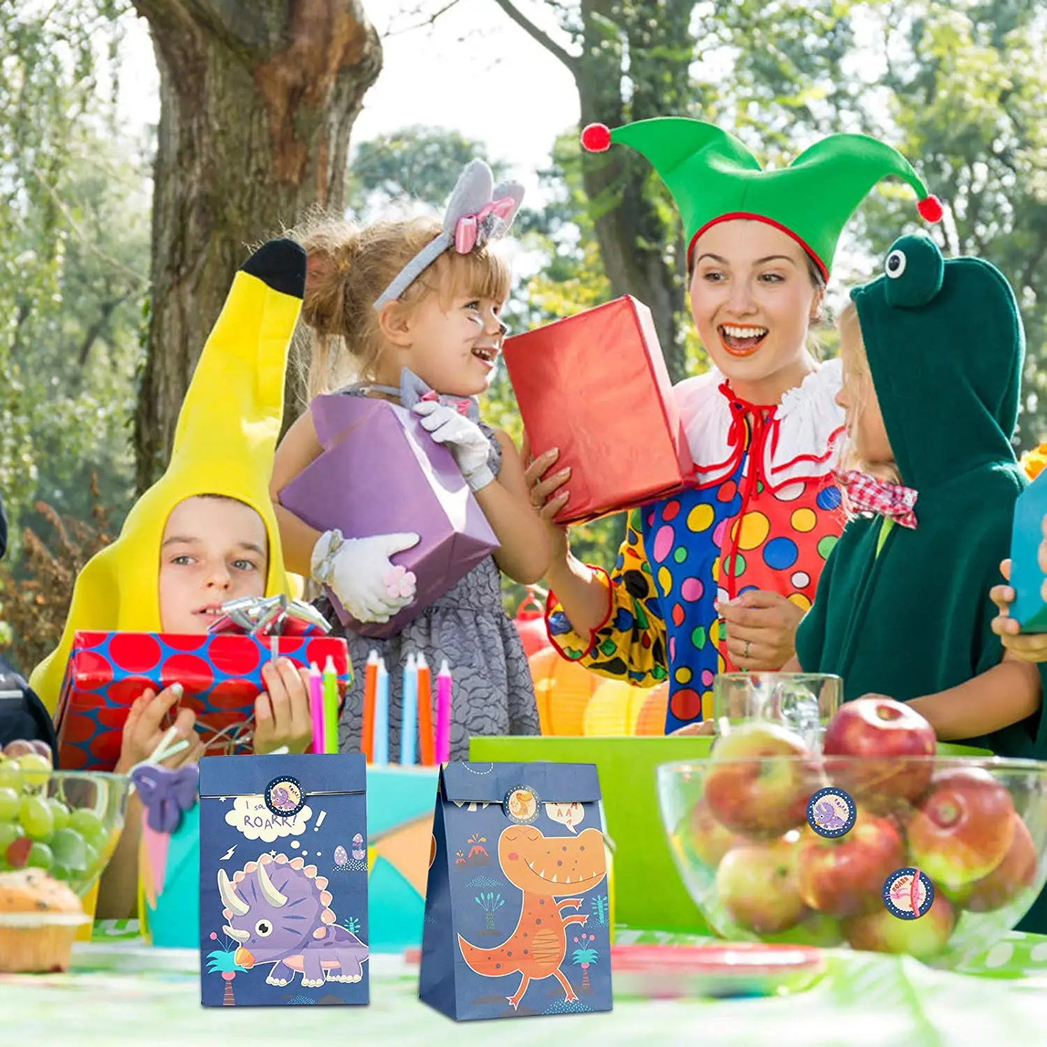 METABLE 24 Pack Candy Gift Bags Paper Bag Kids Party Supplies with Dinosaur Sticker for Dinosaur Theme Birthday Party Decor