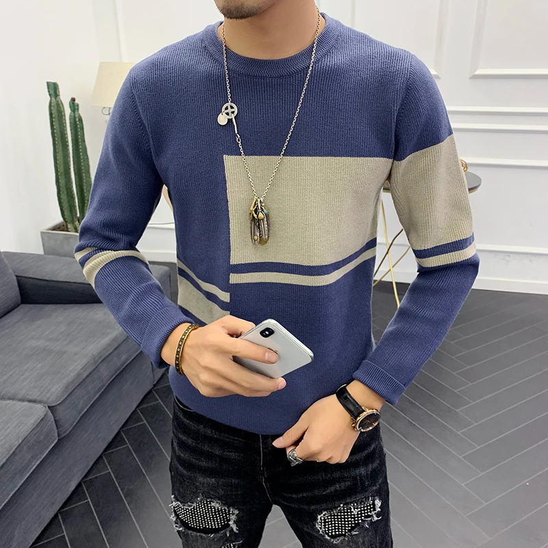 autumn new sweater men's round neck pullover Korean version of the self-cultivation trend men's color knit bottoming shirt