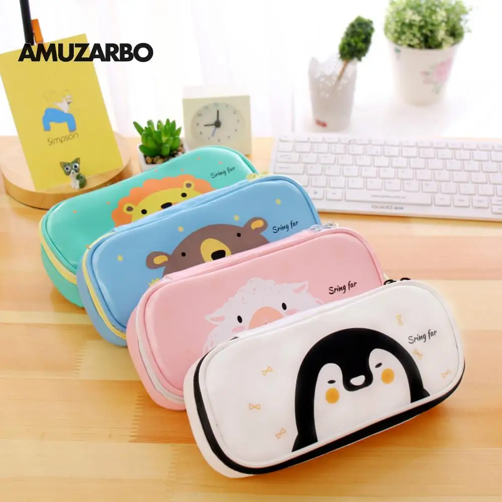 Мультяшные пеналы Kawaii Зеленый Лев Пингвин Медведь ручка чехол Pu водонепроницаемый большой емкости ручка чехол студенческое хранилище канцелярских товаров коробка