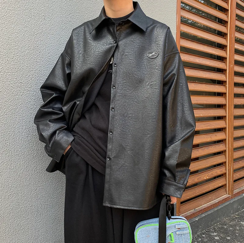 

2020 Spring And Autumn New Men's Solid Color Korean Version Of The Wild PU Leather Jacket Fashion Casual Loose Jacket Coat Black