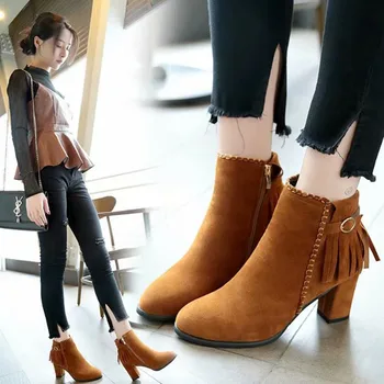 

Fringed women's boots short boots female thick with winter new high heels comfortable daily women's shoes wild Martin boots