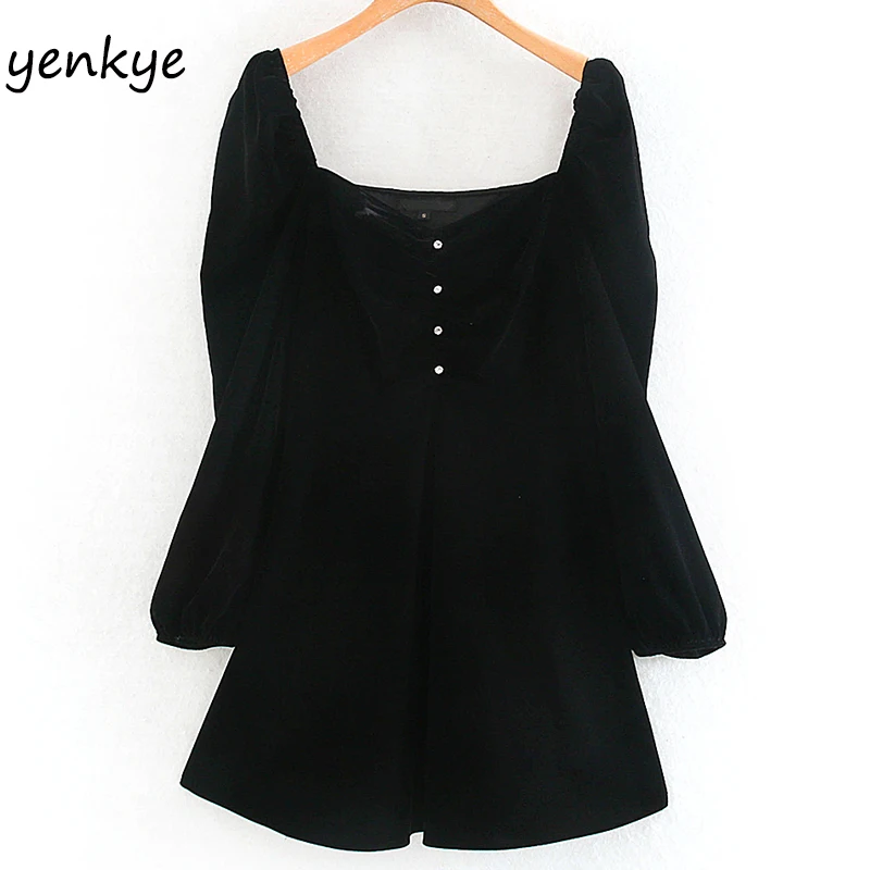 Модное женское винтажное черное бархатное мини платье сексуальное весеннее