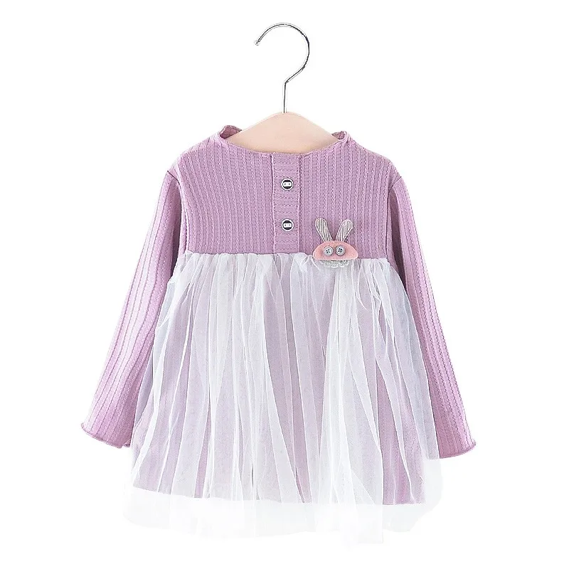 Casual Baby Girls Dress Solid Print Mesh Dress Cotton Kids Toddler Long Sleeve Sundress