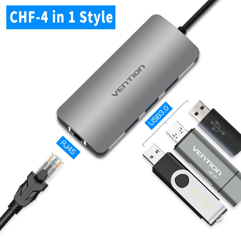 CHF-4-IN-1-Style Vention Thunderbolt 3 док-станция usb-хаб type C к HDMI USB3.0 RJ45 адаптер для MacBook samsung Dex S8/S9 huawei P20 Pro usb c адаптер - Цвет: CHF-4-IN-1-Style
