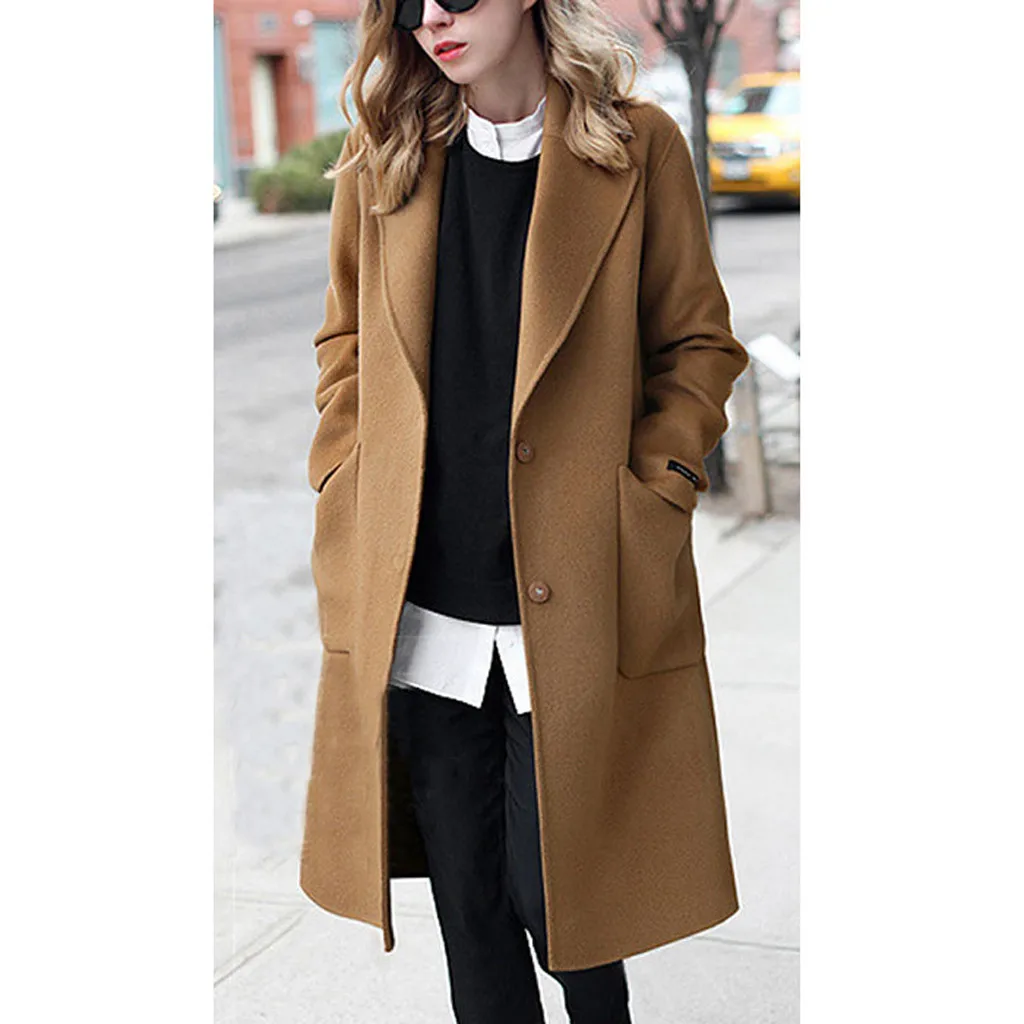 Женское зимнее длинное Коричневое Пальто на пуговицах с отворотом, куртка, Женское пальто, верхняя одежда в британском стиле, однотонный шерстяной Тренч, верхняя одежда, пальто