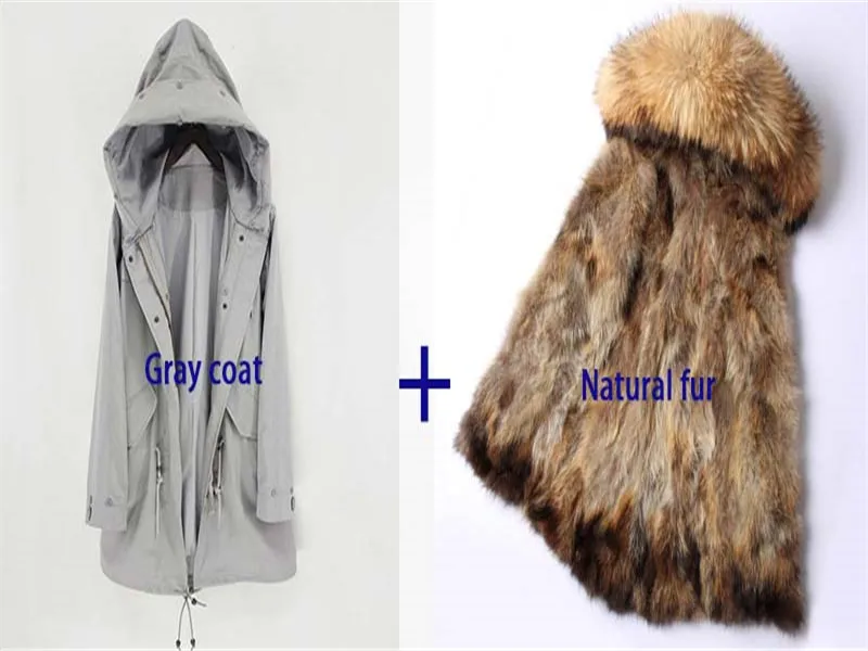 Зимнее пальто Мужская куртка с воротником из натурального меха енота настоящая меховая парка со съемным мехом енота с капюшоном длинное теплое пальто - Color: 5