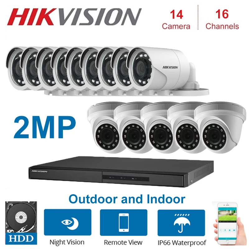 2MP HIKVISION 16-канальный видеорегистратор Гибридный видеонаблюдение Регистраторы с 2MP в маскирующем колпаке для внутренних помещений и Открытый Пуля безопасности комплекты камер