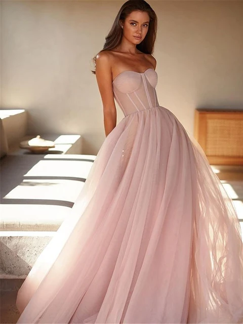 Verngo Simple Pale Pink Tulle A Line Long Prom Dresses 2021 Sweetheart Fish  Bones Sheer Top Coset Lace Up Back Evening Gowns - Prom Dresses - AliExpress