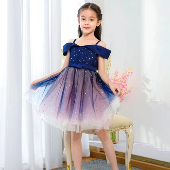 

Summer One shoulder Bridesmaid Dresses for Kid Elegant Wedding Children's Dress Net Yarn Starry Sky Princess Dress Piano Costume