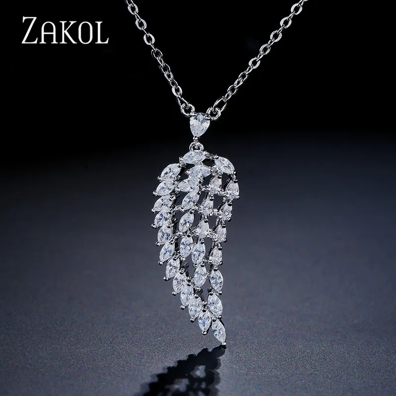 White ZAKOL Новое поступление Мода Листья кубическая Подвеска из циркония Ожерелья для женщин Девушка Крылья ангела любви Рождественский подарок ювелирные изделия FSNP2020 - Окраска металла: White