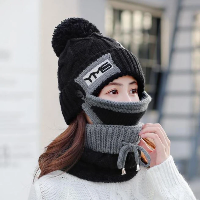 Women's Winter Scarf Hat Sets Hats Knitted Face Protection Mask 3 Pieces Set Balaclava Skullies Beanies Ski Beanie Warm Thick - Цвет: black