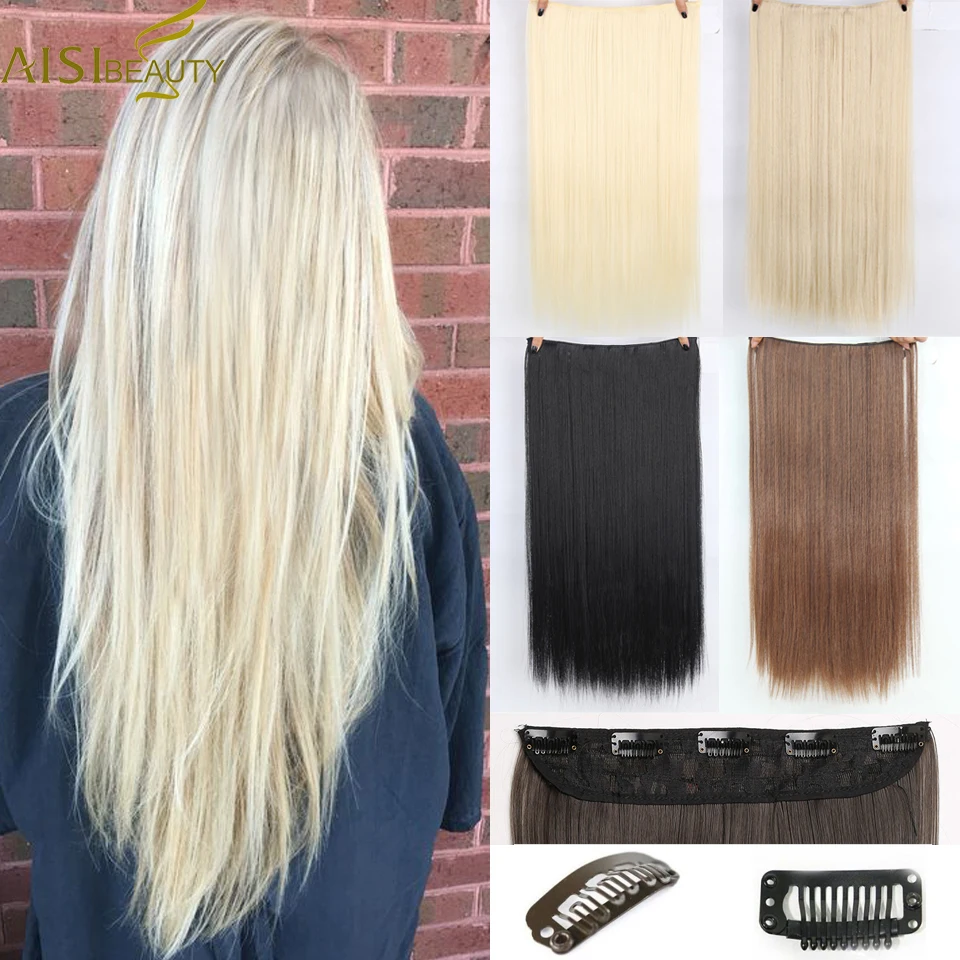 AISI BEAUTY, синтетические волосы для наращивания на заколках, длинные прямые волосы на заколках, 5 клипсов, 613, черные, светлые, высокая температура