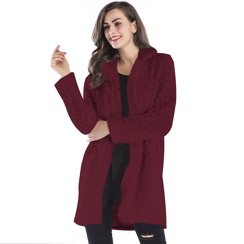 Wine Red Модное женское пальто из искусственного меха с длинным рукавом и отложным воротником, теплое длинное пальто-Тедди, куртка, осенне-зимняя элегантная пушистая куртка - Цвет: Wine Red