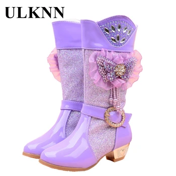 

ULKNN Kids Winter Girls High-heeled Boots Children Purple Bow Plus Velvet Cotton Footwears Princess Leather Shoes Round Toe