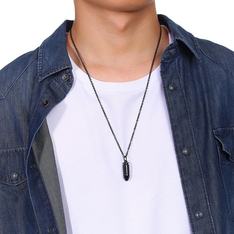 

STAINLESS STEEL BULLET PENDANT NECKLACE FOR MEN IN BLACK SILVER TONE 24INCH CHAINS LINK