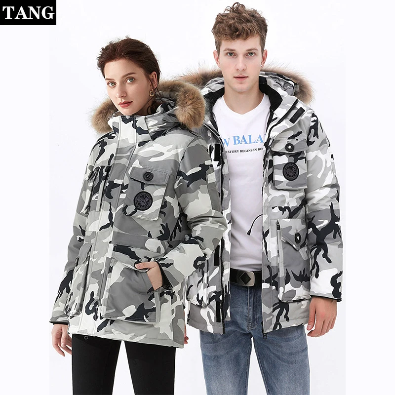 Winter New Men Thick Down Jacket Women Raccoon Fur Collar Long Military Jacket Casual Couple Warm Down Coat Streetwear 3XL