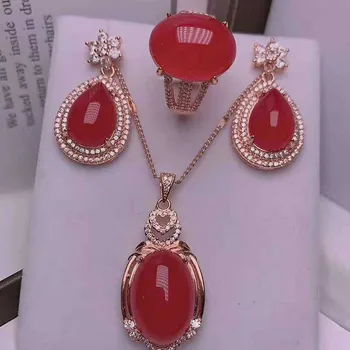 

Ice jade S925 Silver Pendant women's clavicle chain jade ring earrings three piece set