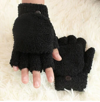 black Коллекция года, зимние хлопковые коралловые бархатные перчатки двойного назначения, раскладушка, перчатки на половину пальцев, утепленные перчатки для детей, новорожденных девочек и мальчиков, теплые перчатки - Цвет: black