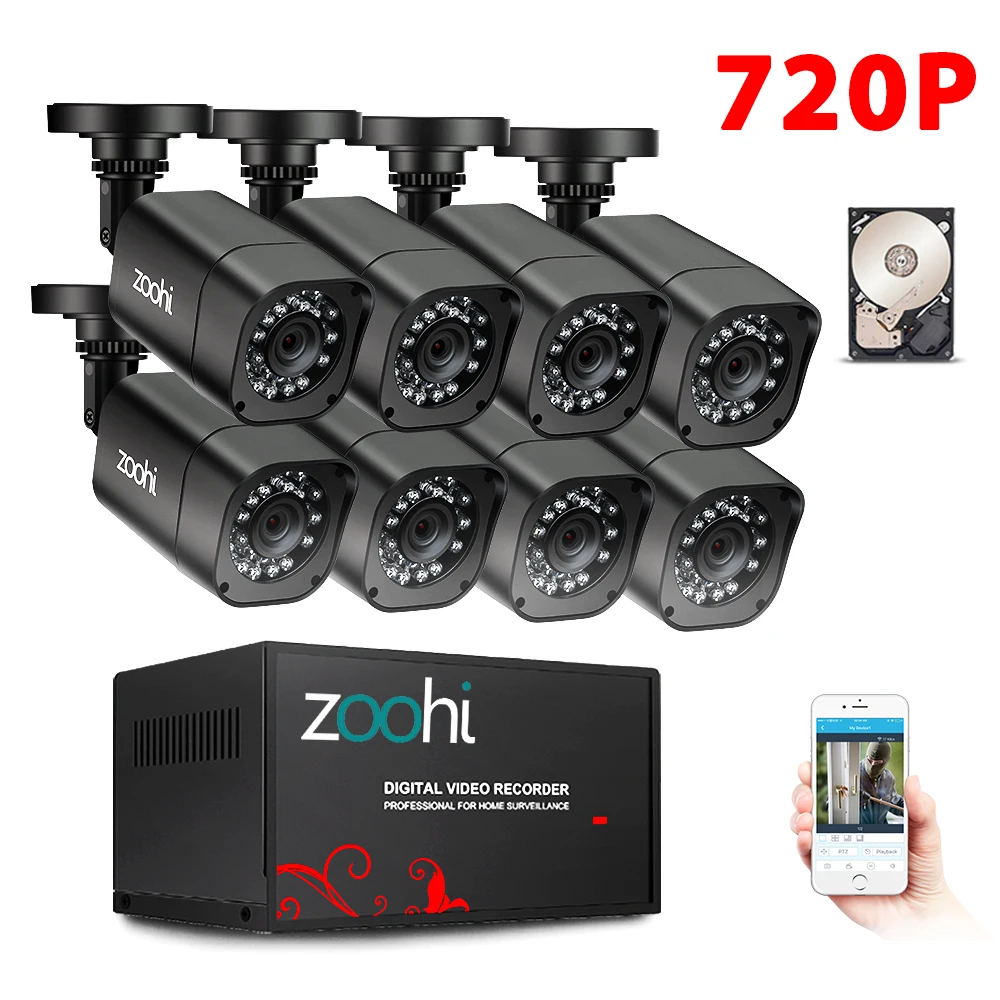 720P 8 Cameras Zoohi камера безопасности DVR комплект AHD CCTV система 8CH 720 P/1080 P CCTV камера водонепроницаемая наружная домашняя система видеонаблюдения HDD - Цвет: 720P 8 Cameras