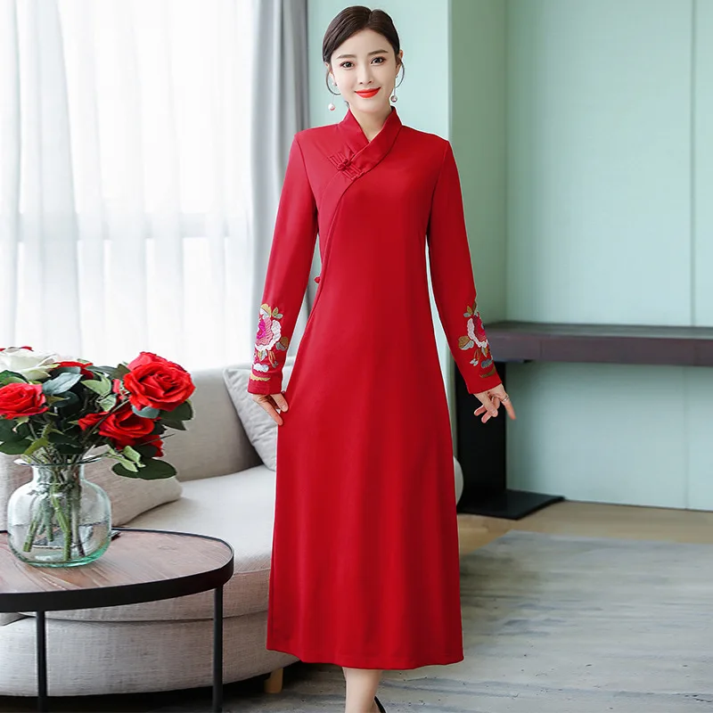 

Red Dress Spring Clothing Cheongsam Style Dress Slimming Kuotaitai over-the-Knee Chinese-style Ethnic-Style WOMEN'S Dress Retro