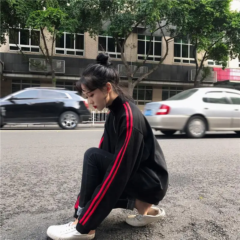 Женский свободный воротник на молнии, водолазка, толстовки Harajuku, хлопковая толстовка, рукав-фонарик, параллельные полосы, толстовки в полоску