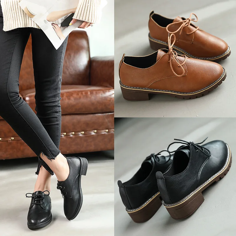 

Black And White with Pattern Small Leather Shoes Women's England 2018 New Style Flat College Style Chunky-Heel Versatile Work Sh