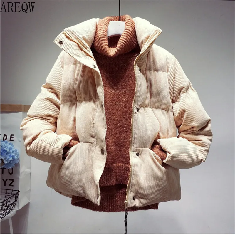 

Fashion Autumn Winter Corduroy Jacket Women Loose Thick Cotton Down Parkas Padded Coat Female Slim Short Jackets Outwear