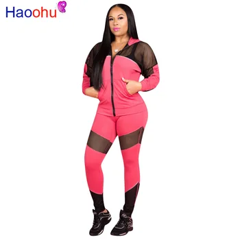 

HAOOHU Winter Sporting Women set Mesh See Though Splicing Hooded Zipper Up Sweatshirts Pencil Pants Suit Two Piece Set Tracksuit