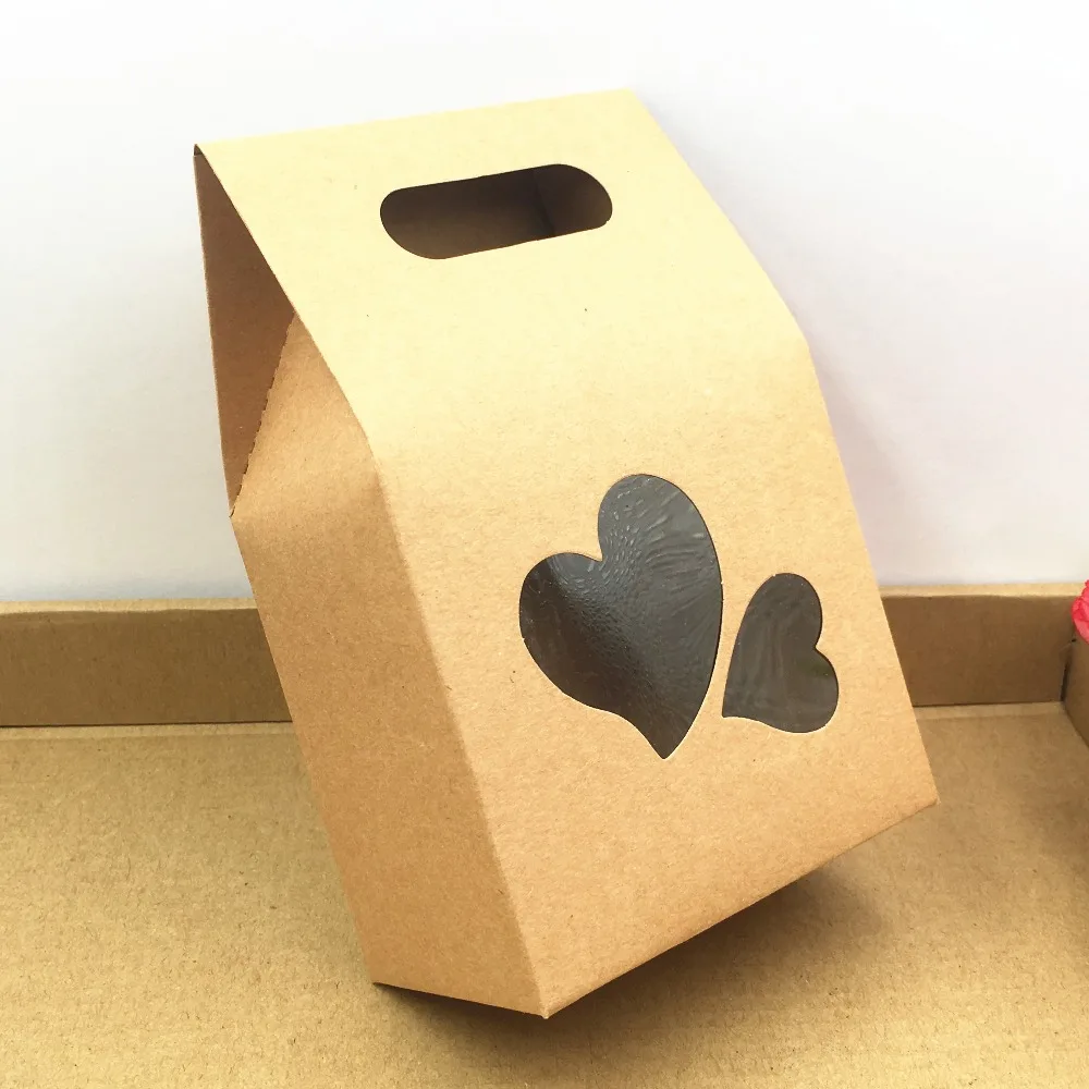 

30pcs/Lot 10*6*16cm heart shaped window Kraft Paper Stand Up Bags Packaging Bags food Bags snack gift Bags