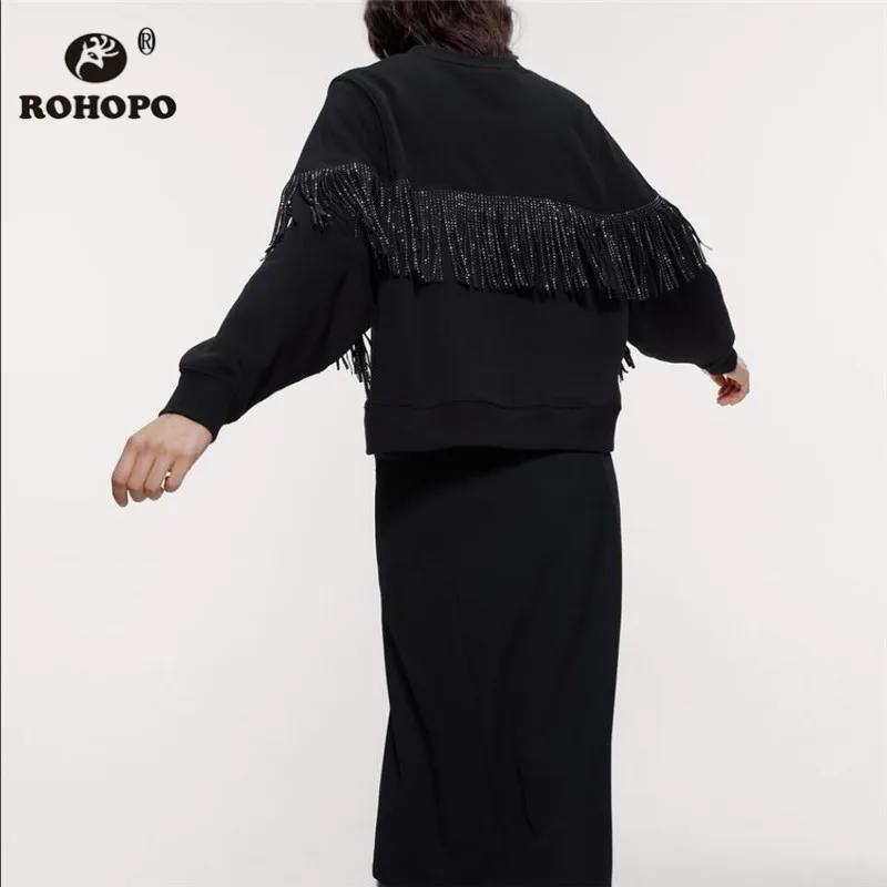 ROHOPO Tassel блестящий длинный рукав круглый вырез черный свитер блестками Джерси сплошной пуловер Хлопок Толстовки#9497