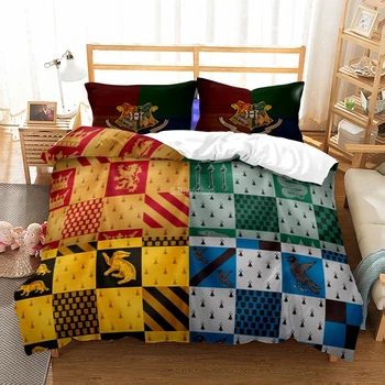 

Magic School Gryffindor Ravenclaw Slytherin Hufflepuff Bedding Set Children Cartoon Duvet Cover Sets Pillowcases Twin Queen King