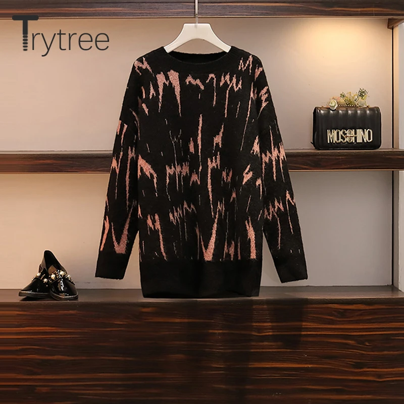 Trytree/ осенне-зимние женские комплекты из двух предметов повседневный черный свитер с круглым вырезом+ юбка фиолетовый эластичный пояс, вуаль Кол-во изделий, 2 комплекта