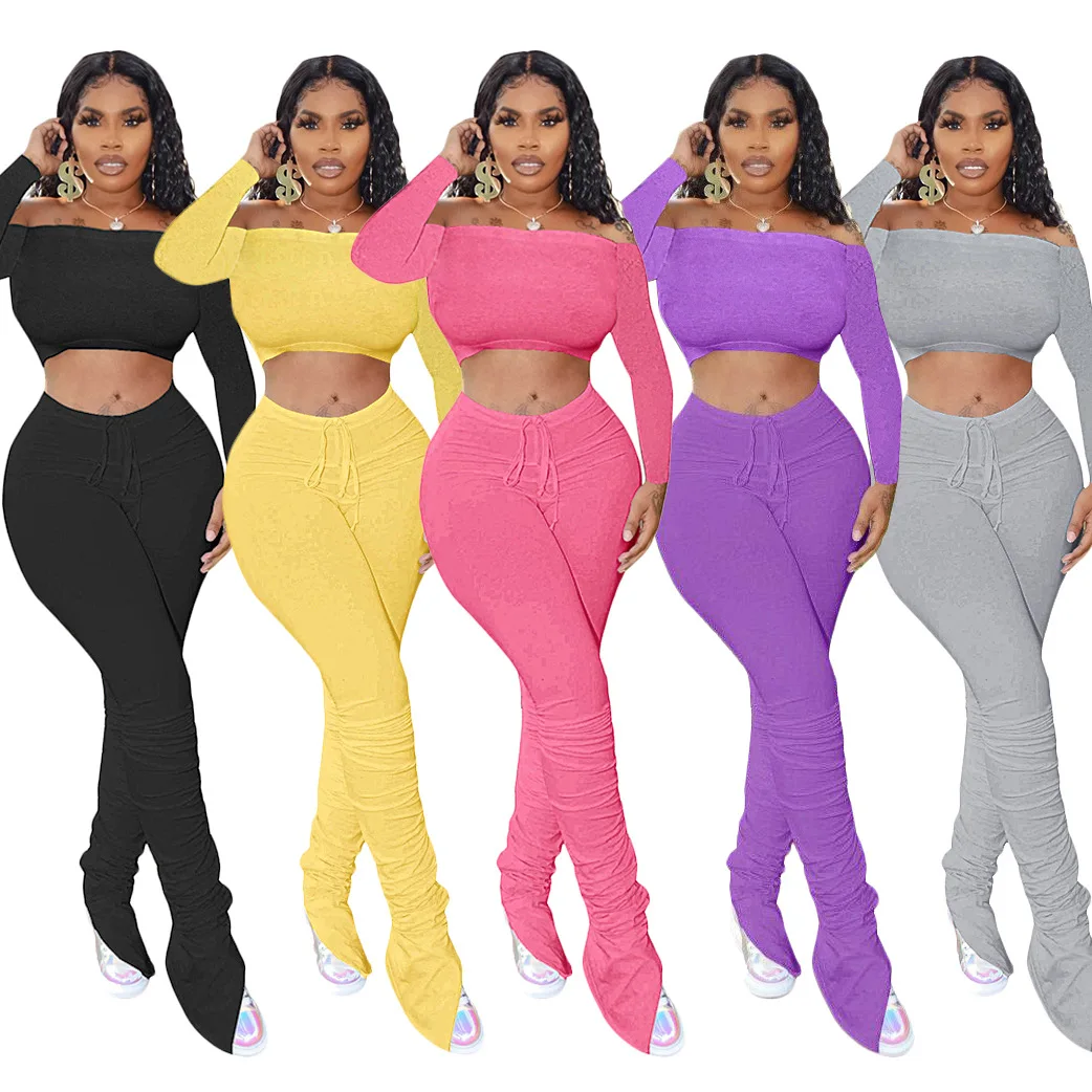 

2020 Autumn Womens Tracksuit Set Casual Suit off-Shoulder Long Sleeve Pleated Split Micro Speaker Two-Piece Sets for Women