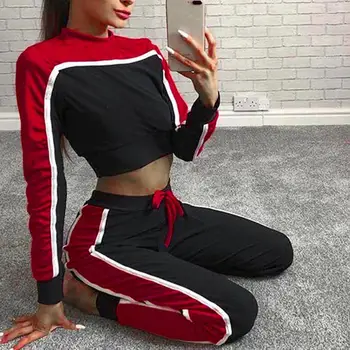 

Sexy Women Sports Set Long Sleeve Top Pants Outfit Sport Workout Gym Fitness Athletic Workout Clothes Tracksuit One set