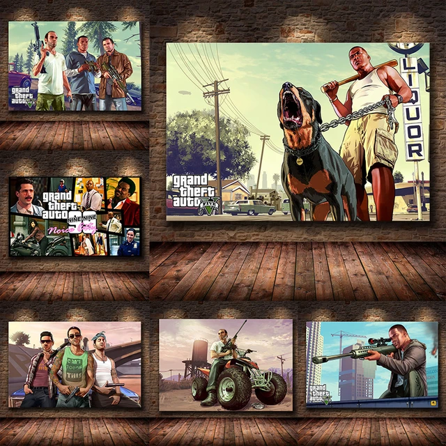 Jogo cartaz grand theft auto v gta 5 lona impressão da arte pintura parede  fotos para o quarto decoração casa arte da parede - AliExpress