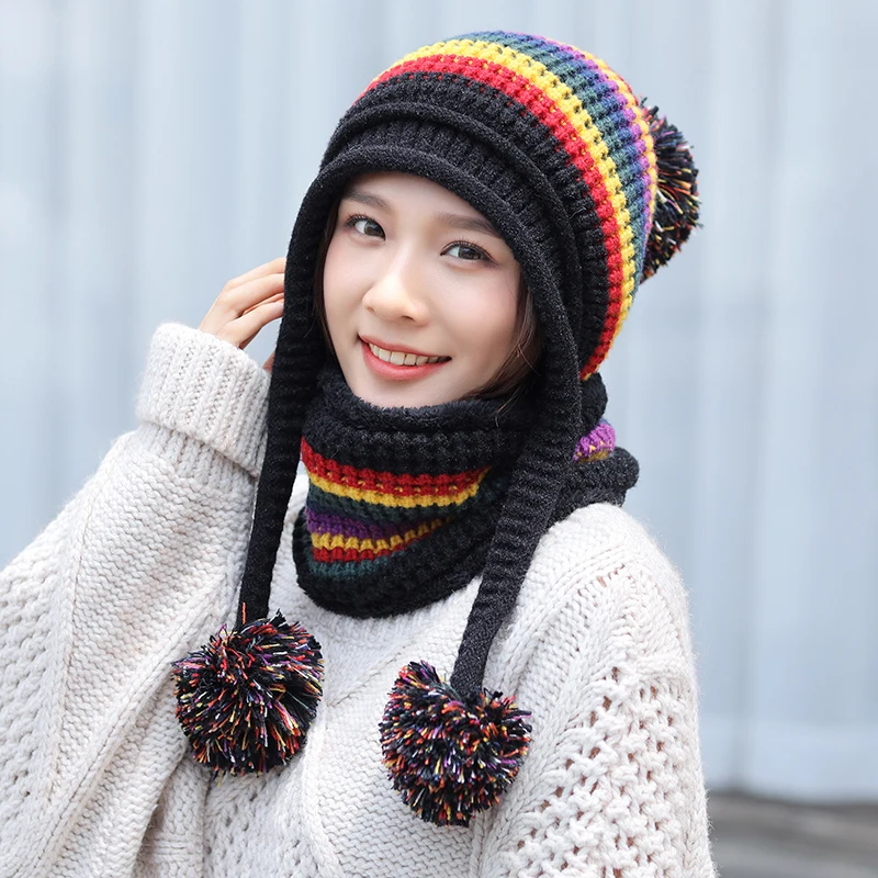 Black Six-Color Stripe Winter Women Knitted Hat Scarf 2 Pieces Set Three Pompom Ear Protection Warm Hats Female Rainbow Beanies Caps - Color: Black