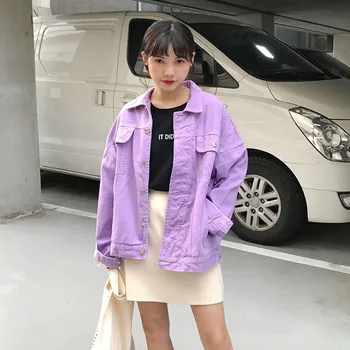 

Loose Purple Denim Jacket Coats Women Autumn Spring Denim Jackets Turn-down Collar Single-breasted Denim Outerwear Overcoats Top